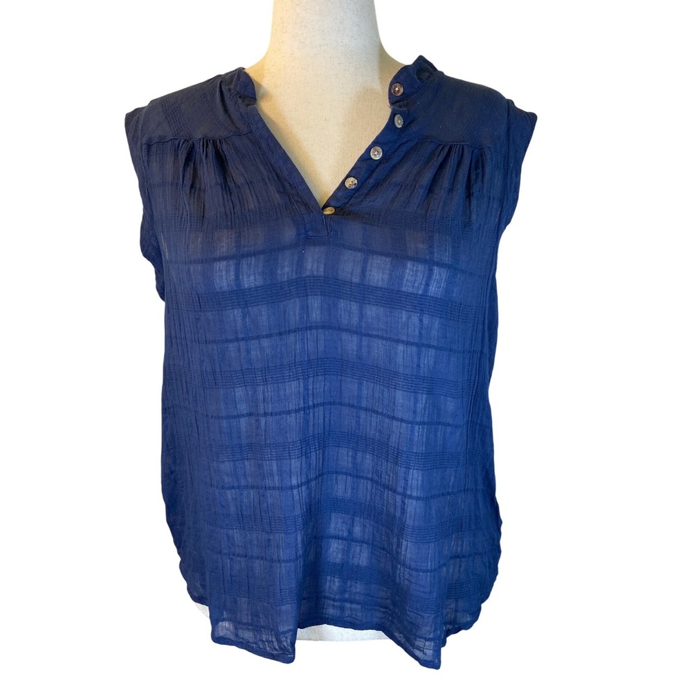 New Directions Navy Blue Windowpane Gauze Sleeveless Blouse XL High Low Hem